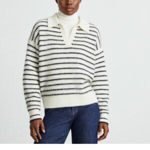 Everlane The Alpaca Waffle-Stitch Polo Striped Sweater Black white s small